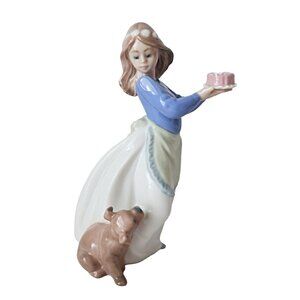 Vintage Cute Figurine Of a Young Lady Puppys Birthday Girl with Dog Birthday Cak